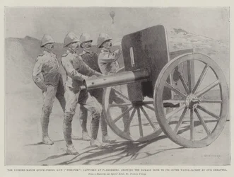 Die Vickers-Maxim Schnellfeuerkanone (Pom-Pom), erbeutet bei Paardeberg, zeigt die durch unser Schrapnell verursachten Schäden an der äußeren Wasserhülle